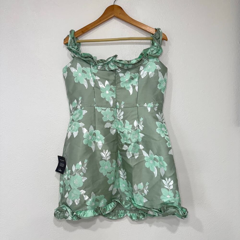 NWT Lulus Pop the Bottle Sage Green Floral Jacquard Ruffled Mini Dress Size XL - Picture 5 of 9